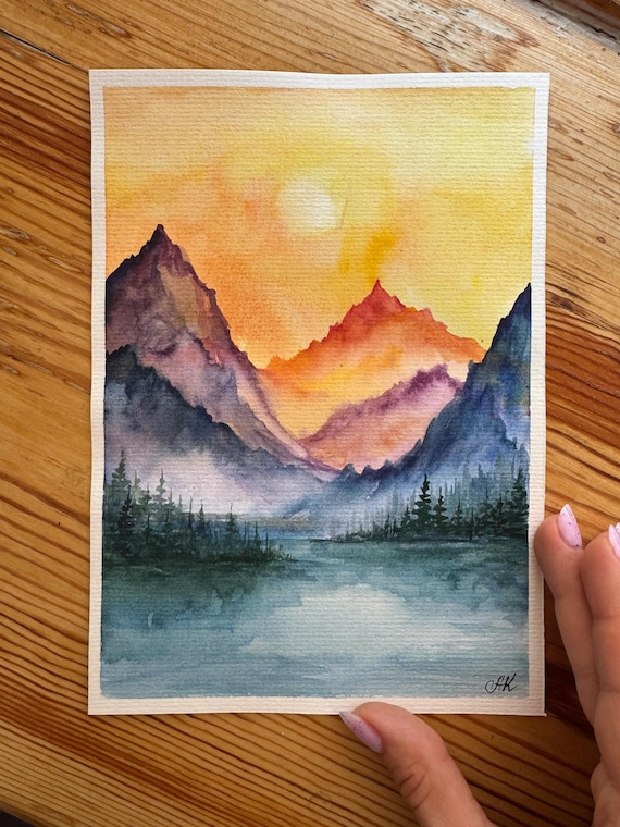 オリジナル水彩画 山川 松の木 風景画 6x8インチ - Etsy 日本