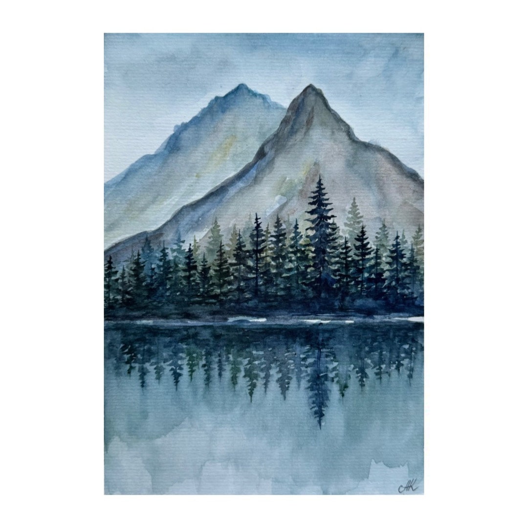 Original Watercolor Forest Lake Painting: Teal Mountain Landscape Art ...