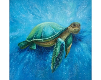 Original Sea Turtle Impasto Painting: Underwater Wall Art (10x10 inches)