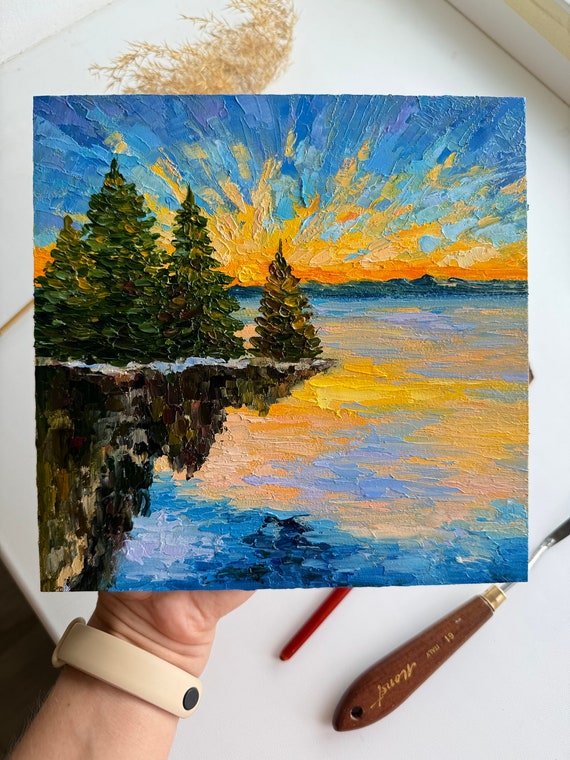 ミシガン湖の絵画：厚塗り風景画、8x8インチ - Etsy 日本