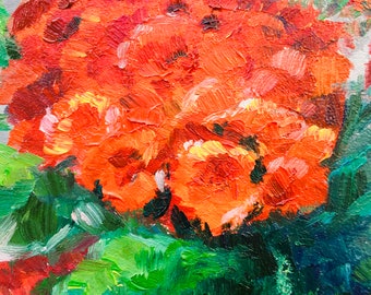 ゼラニウムの絵画：赤い花の厚塗り油絵、8x8インチ - Etsy 日本