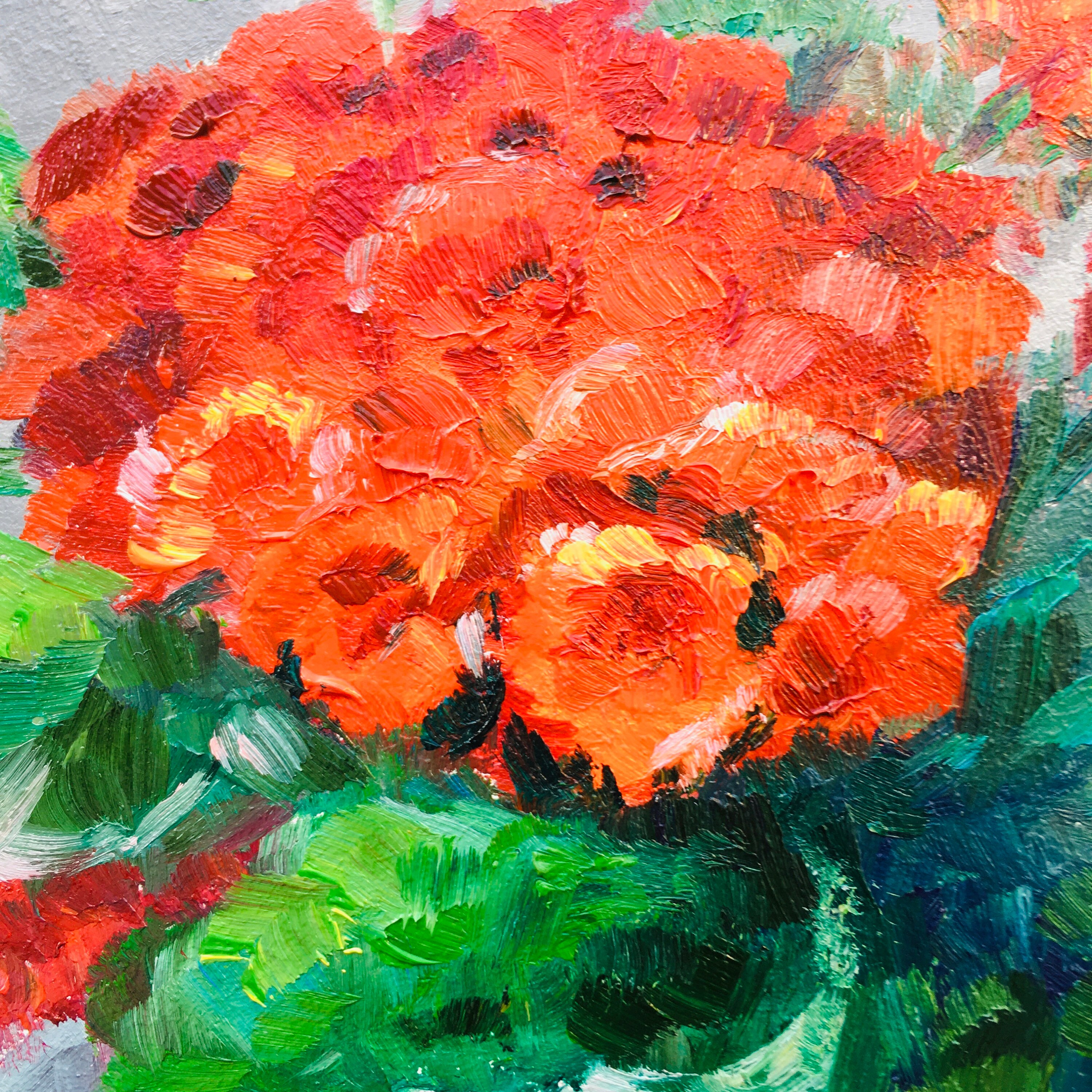 ゼラニウムの絵画：赤い花の厚塗り油絵、8x8インチ - Etsy 日本