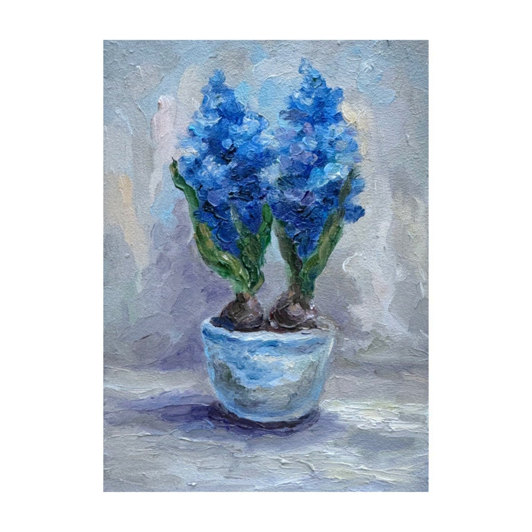 ブルーヒヤシンスのインパスト画：花の静物画、7x5インチのオリジナル