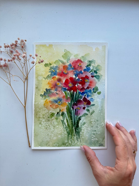 オリジナルの野花の水彩画：草原の花のアート（8x6インチ） - Etsy 日本