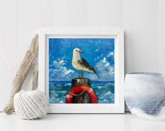 カモメの絵画：オリジナルのインパスト海景画、8x8 - Etsy 日本