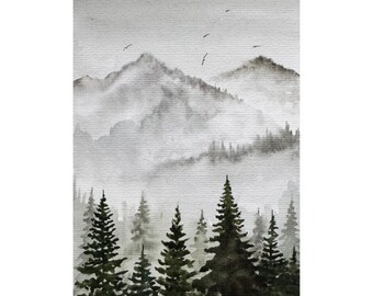 Misty Forest Watercolor Painting: Original Pine Tree Landscape Art (6x8)