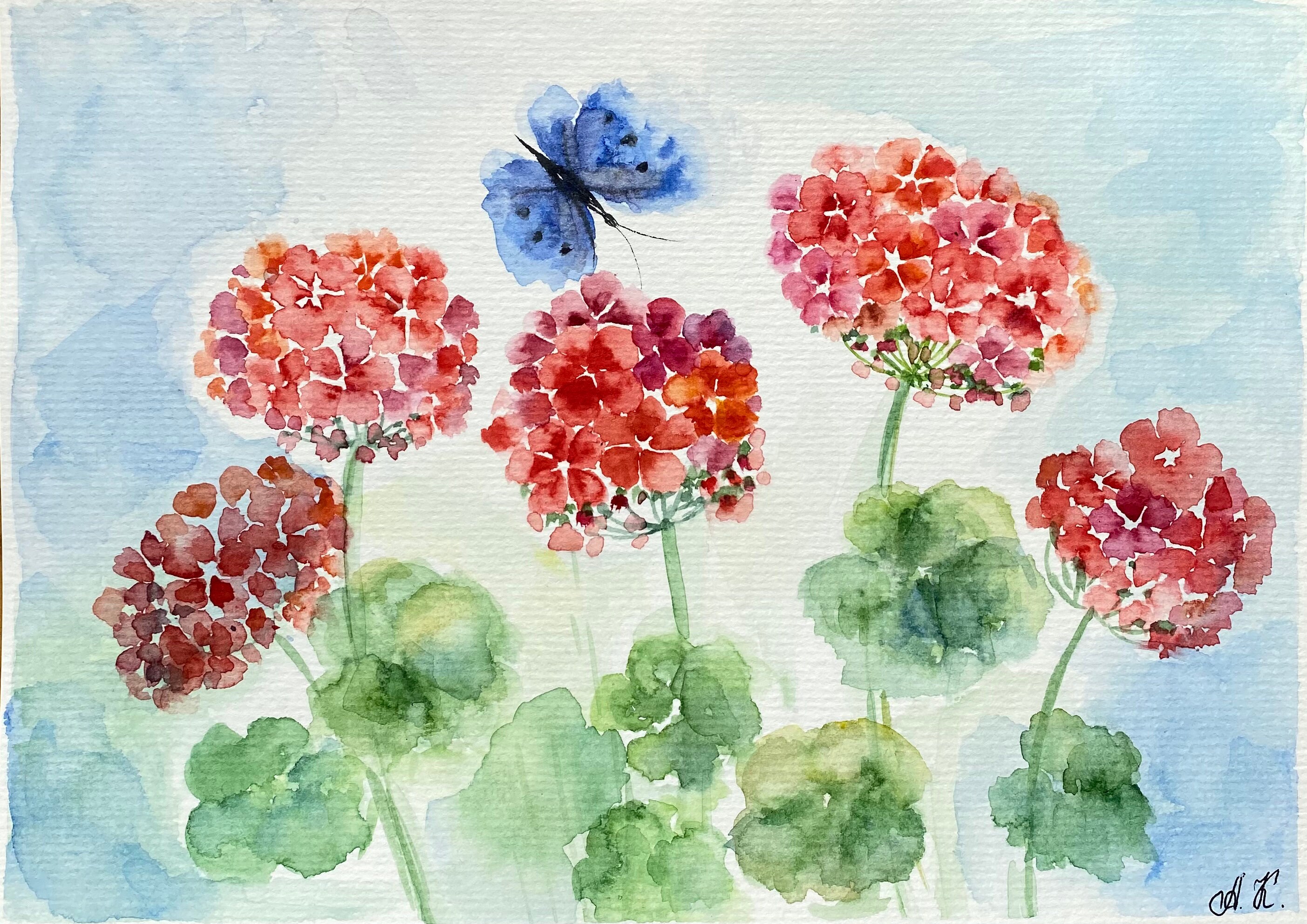 オリジナルゼラニウム水彩画：赤い花の壁アート（6x8） - Etsy 日本