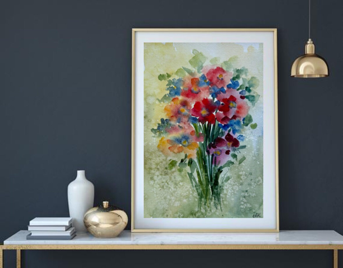 オリジナルの野花の水彩画：草原の花のアート（8x6インチ） - Etsy 日本