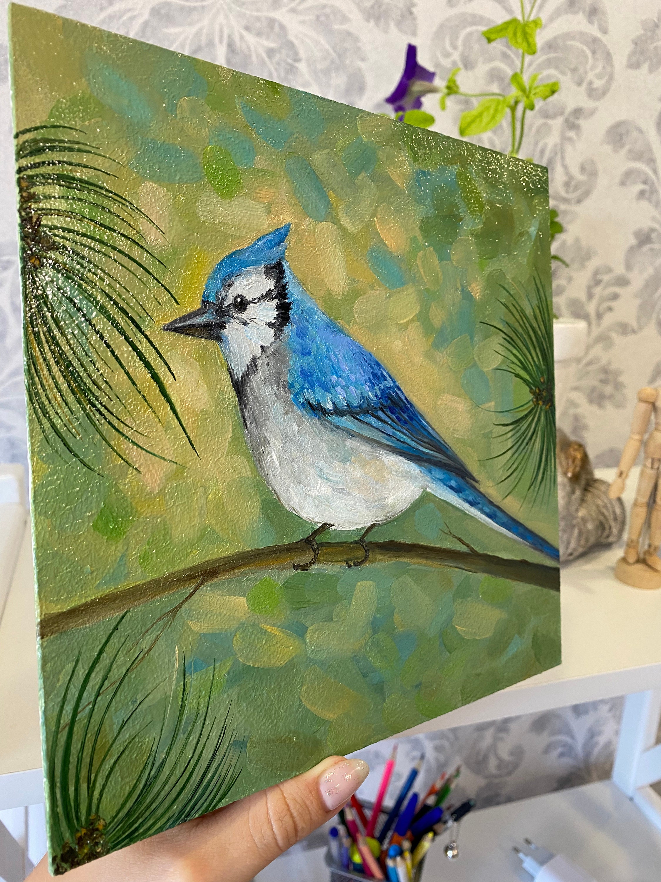 Blue Jay Oil Painting: Impasto Bird Art, Original Artwork (8x8) - Etsy