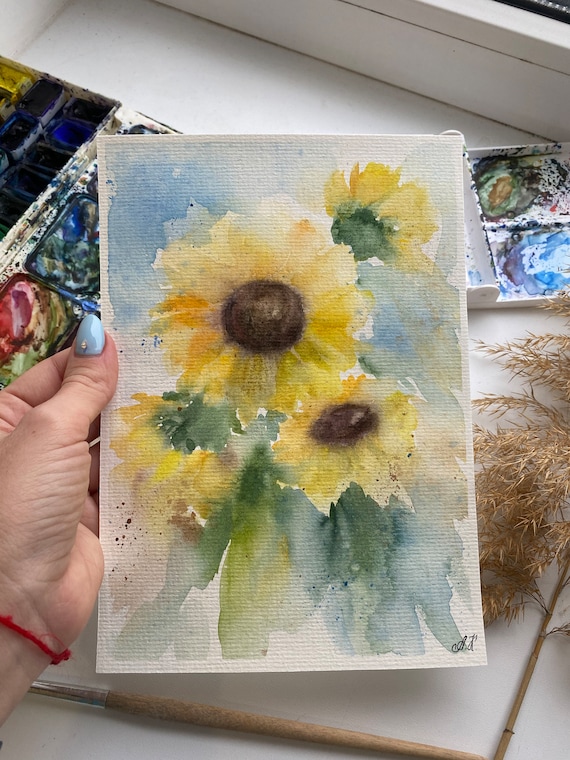 オリジナルひまわり水彩画：花の壁アート（8x6） - Etsy 日本