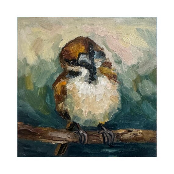 スズメの油絵：インパスト鳥アート、オリジナル壁装飾（4x4インチ