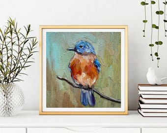 青い鳥の油絵：小さなインパスト鳥アート（4x4インチ） - Etsy 日本