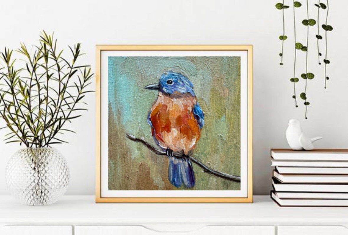 青い鳥の油絵：小さなインパスト鳥アート（4x4インチ） - Etsy 日本