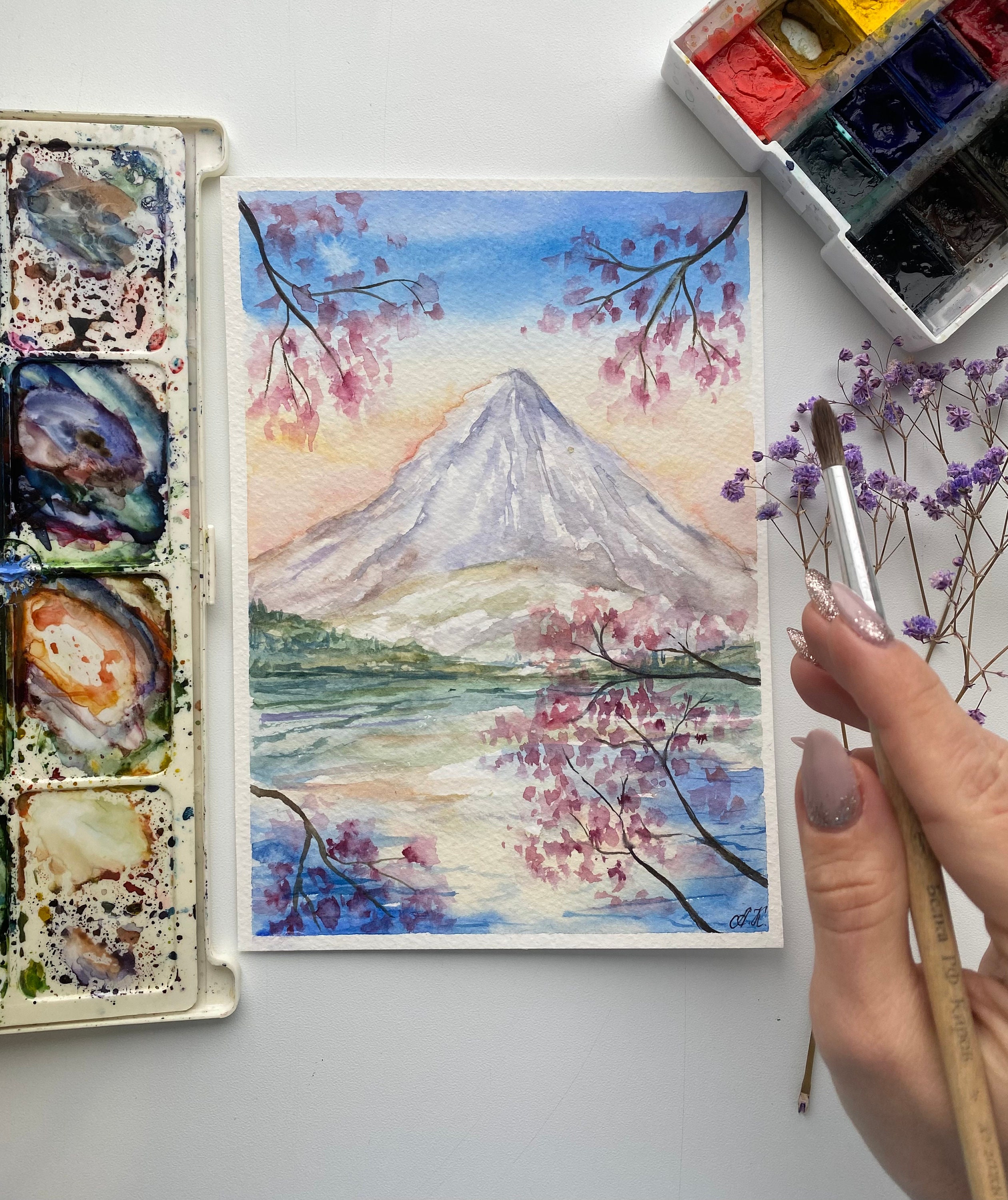 富士山の水彩画：日本の桜のアート（8x6インチ） - Etsy 日本