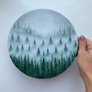 Oil painting Misty Forest Art Foggy forest Landscape painting Christmas tree oil painting original art Spruce Forest painting round artwork image 5