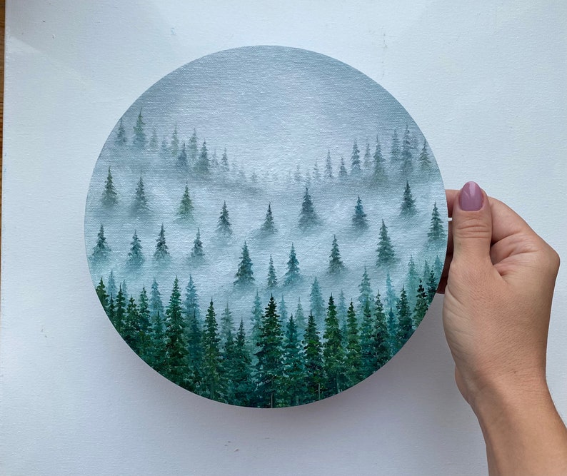 Oil painting Misty Forest Art Foggy forest Landscape painting Christmas tree oil painting original art Spruce Forest painting round artwork image 5