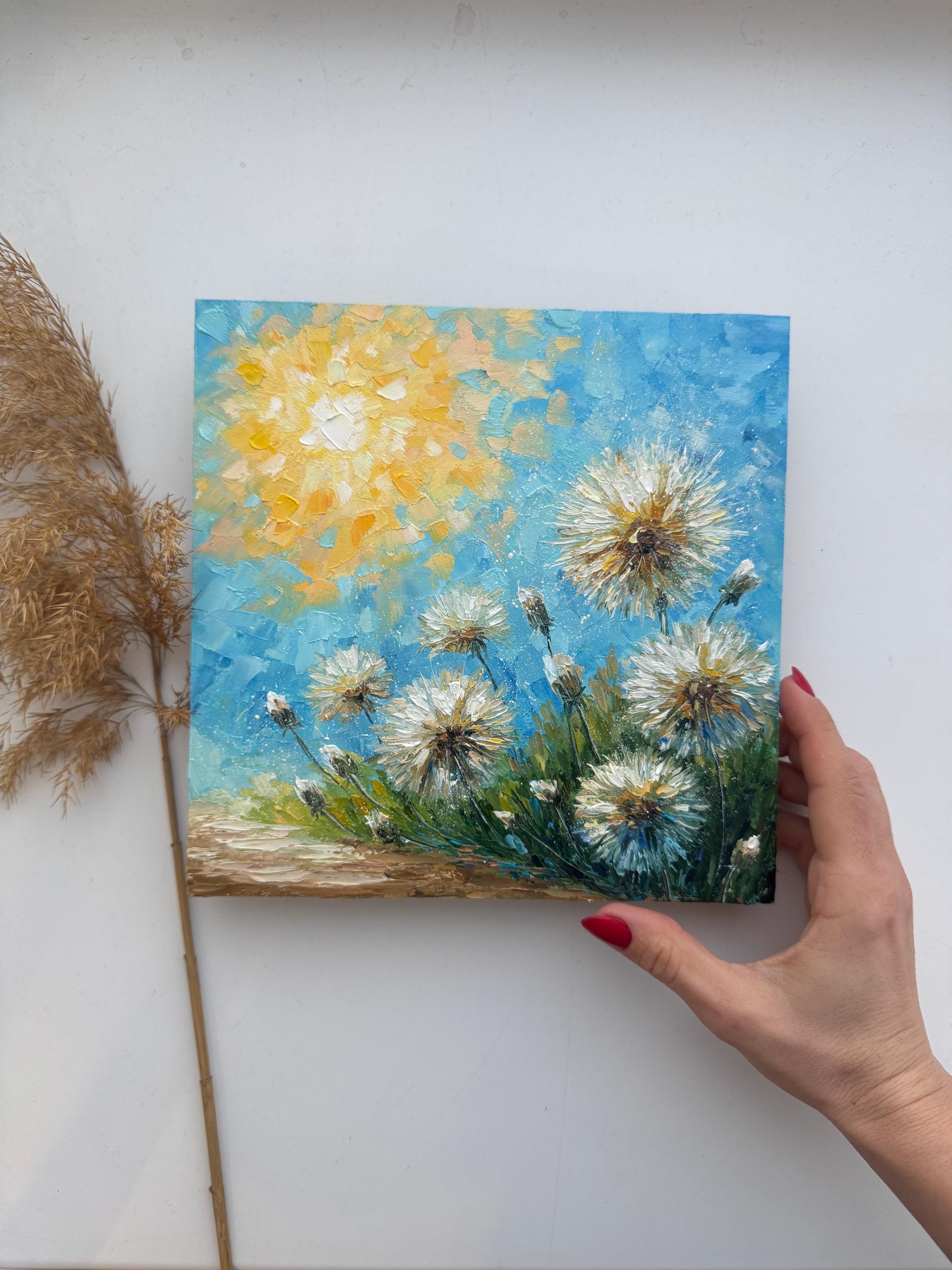 タンポポの油絵：インパスト草原風景画（8x8インチ） - Etsy 日本