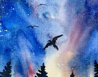 夜の森の水彩画：銀河の空の松の木、6x8のオリジナルアート - Etsy 日本