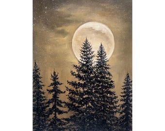 Peinture à l'huile originale : paysage de forêt de pins de pleine lune, art de l'empâtement (20 x 15 cm)