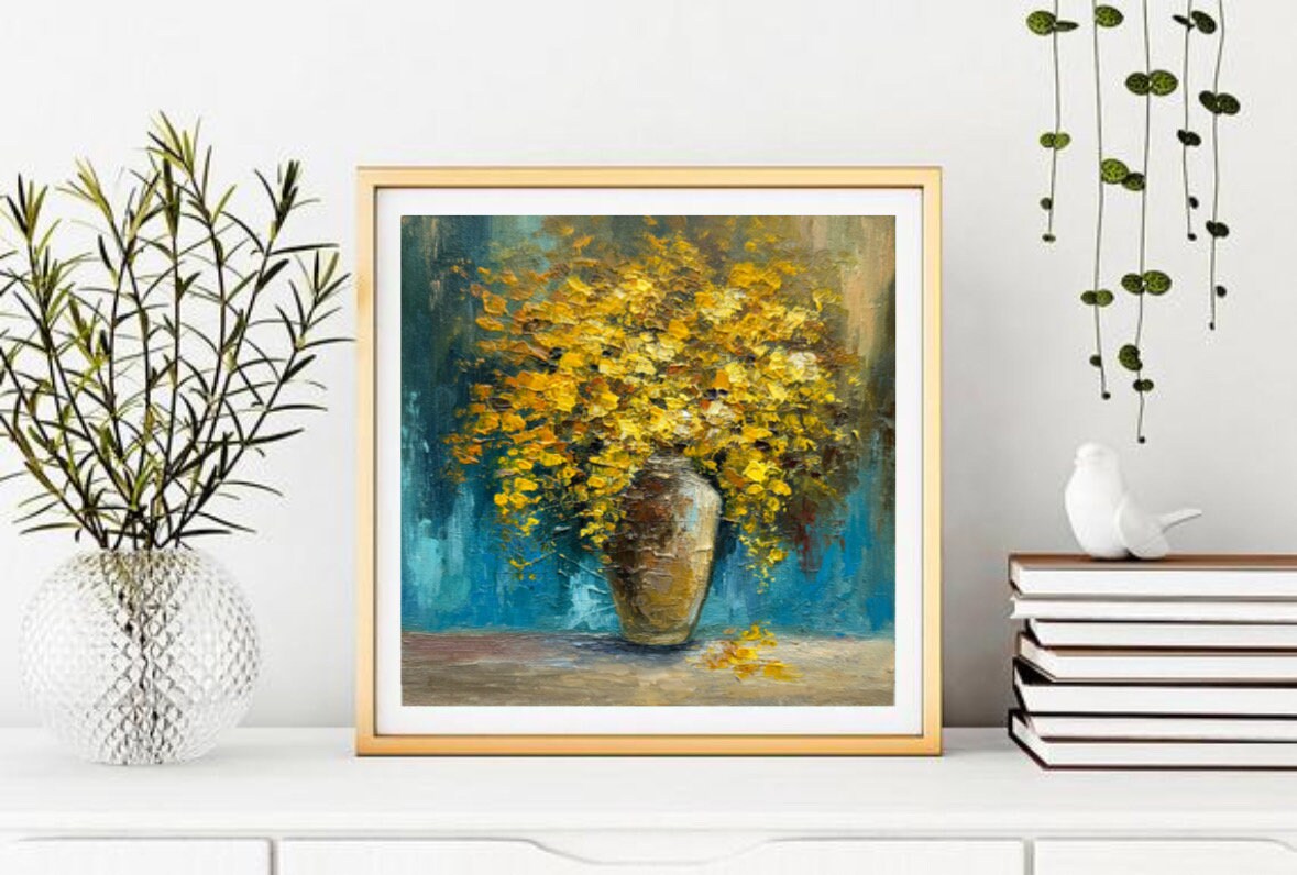 ミモザのインパスト画：オリジナルの花のアート、黄色の花（8x8インチ