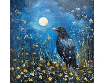 Raven Oil Painting: Impasto Crow Art, Black Bird Canvas (10x10 inches)