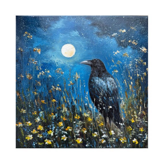 Raven Oil Painting: Impasto Crow Art, Black Bird Canvas (10x10