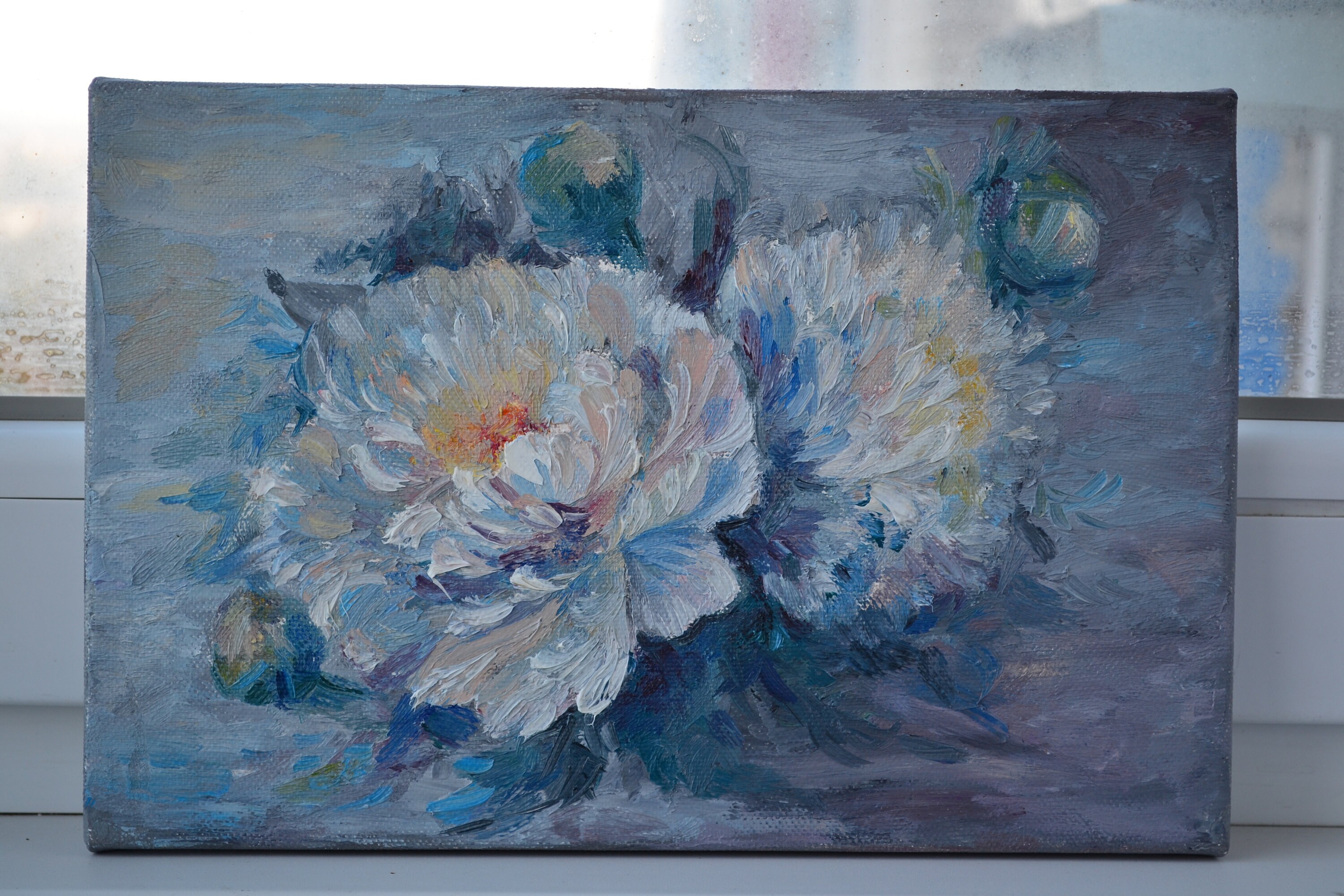 インパスト白牡丹油絵：花の壁アート（8x12） - Etsy 日本