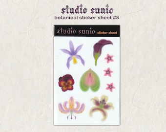 Könnte beinhalten: Ein Stickerbogen mit botanischen Illustrationen von Blumen in Lila, Rosa, Gelb und Grün. Auf dem Bogen steht "studio sunto" und "botanical sticker sheet #3". Eine Sammlung floraler Designs.