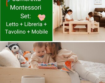 Cameretta Montessori Set: Lettino + Libreria + Tavolino + Mobile Montessori