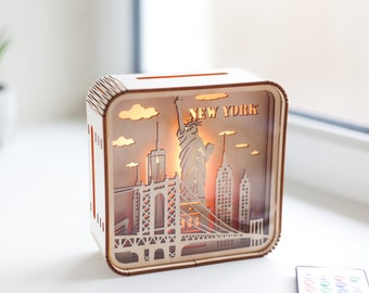 New York City Wood Night Light, RGB Lamp, Personalized Gift