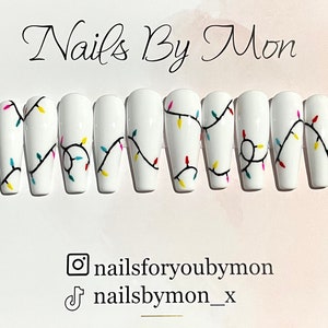 Press on Nails Christmas Festive Lights Hand Painted Gel Polish White Red Black Green Yellow Blue image 2