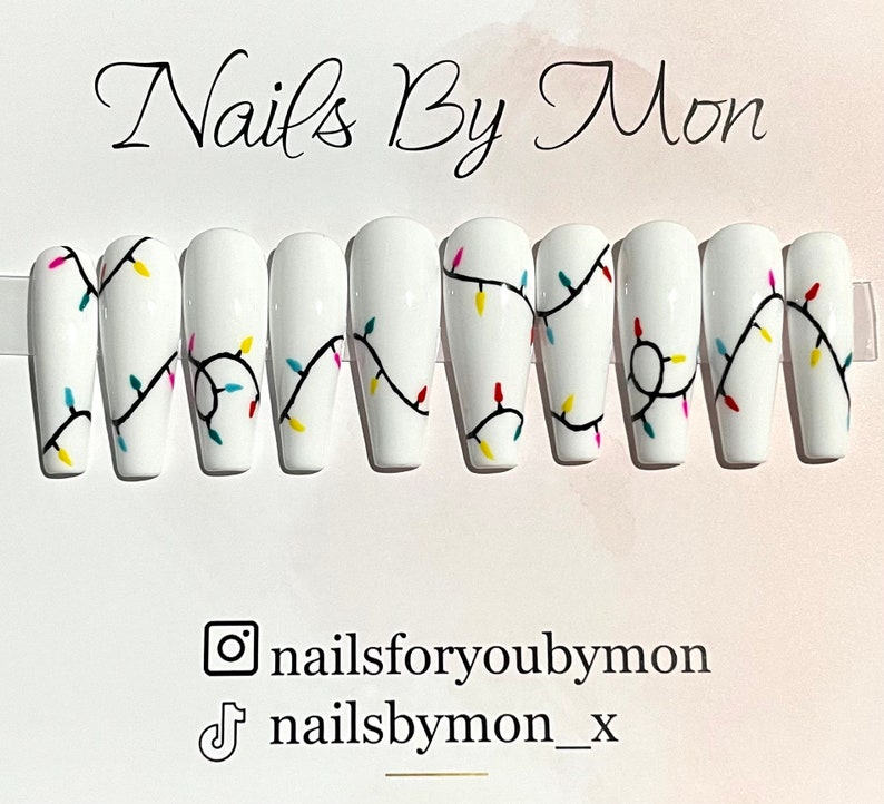 Press on Nails Christmas Festive Lights Hand Painted Gel Polish White Red Black Green Yellow Blue image 2