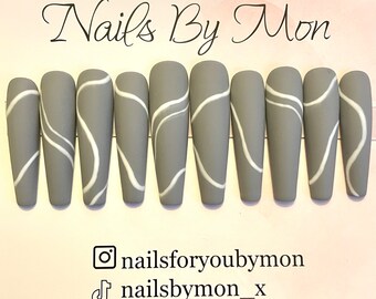 Luxury Press On Nails Grey White Lines - Abstract Swirls Matte Shiny Christmas Autumn False Nail Bundle Wholesale Sale