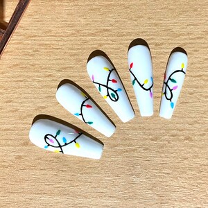 Press on Nails Christmas Festive Lights Hand Painted Gel Polish White Red Black Green Yellow Blue image 3