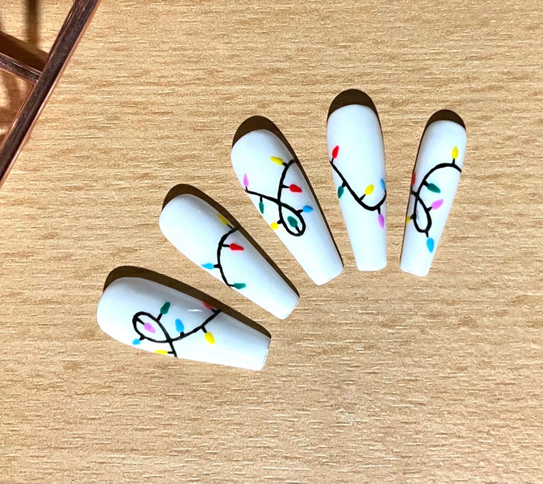 Press on Nails Christmas Festive Lights Hand Painted Gel Polish White Red Black Green Yellow Blue image 3