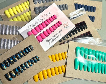 Luxury Wholesale Press on Nails - Ready to Ship 16 sets of One Size Fits All Nails, French Tip, Blue, Black, Red Cheap Discounted Bulk Order