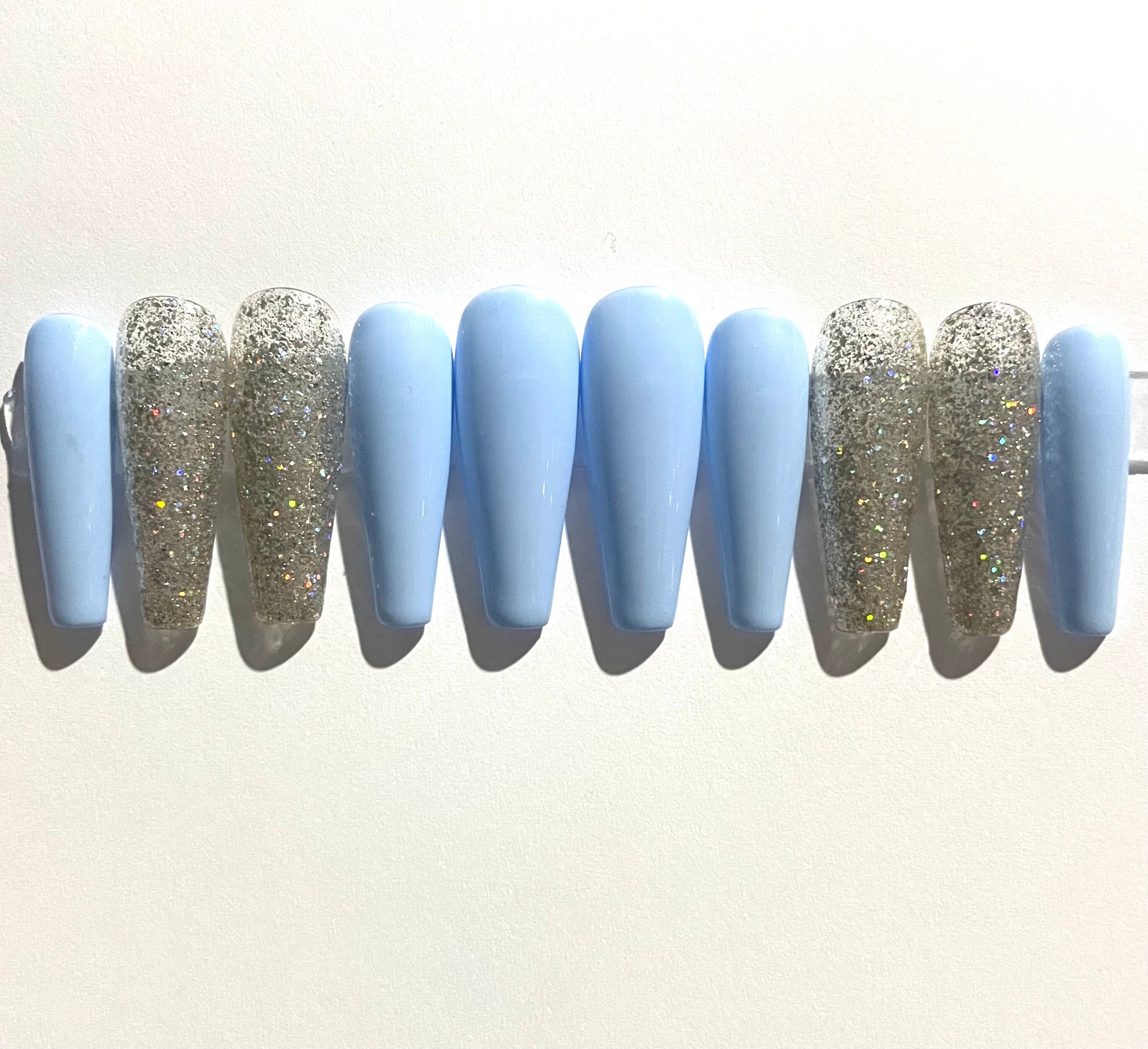 Light Blue Silver Glitter Press On Nails False Nails Acrylic Etsy Light Blue Silver Glitter Press On Nails False Nails Acrylic Etsy
