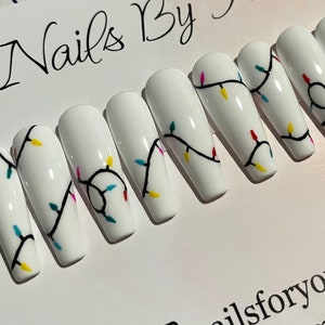 Press on Nails Christmas Festive Lights Hand Painted Gel Polish White Red Black Green Yellow Blue image 1