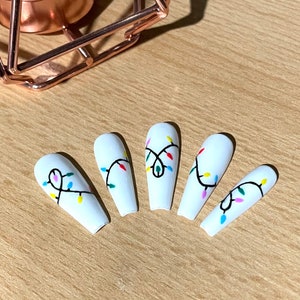 Press on Nails Christmas Festive Lights Hand Painted Gel Polish White Red Black Green Yellow Blue image 4