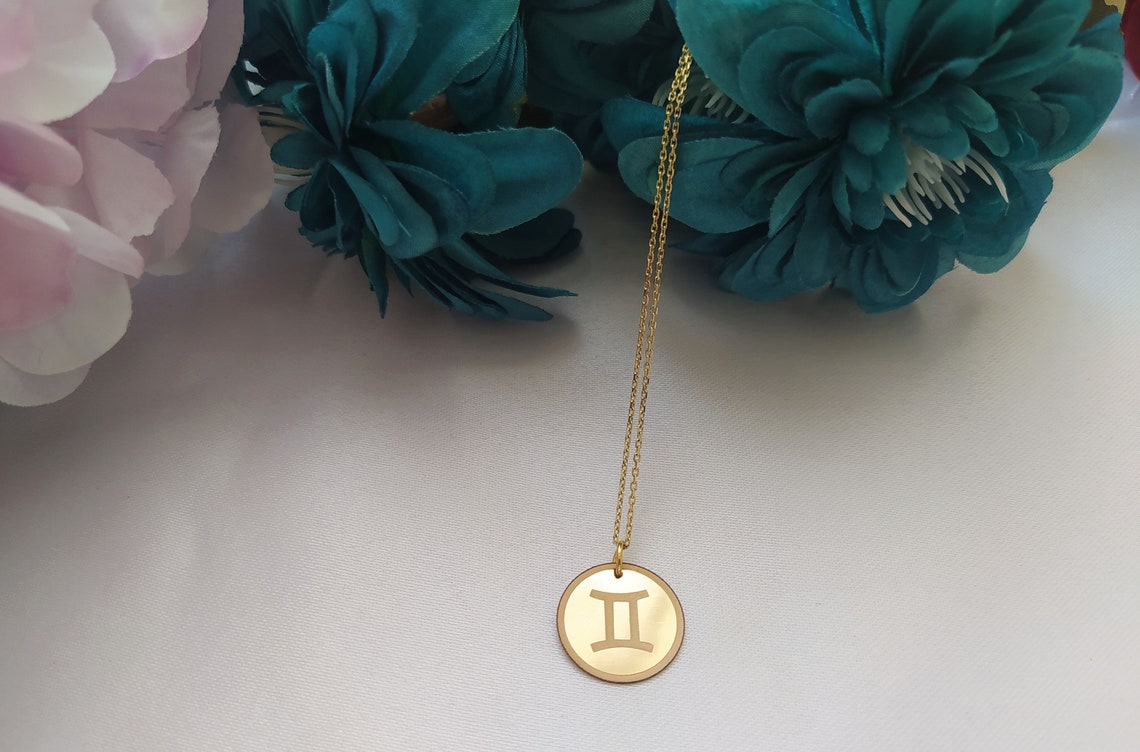 14K Solid Gold Gemini Necklace Coin Necklace Zodiac | Etsy