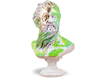 Estatua de Poseidón de arte pop hecha a mano única - Escultura verde de oro griego para la decoración artística del hogar