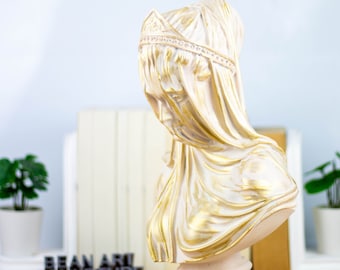 Busto de la Virgen María de la escultura blanca dorada, gran estatua de la dama velada, decoración ecléctica, regalo de inauguración, estatua única, regalo para ella