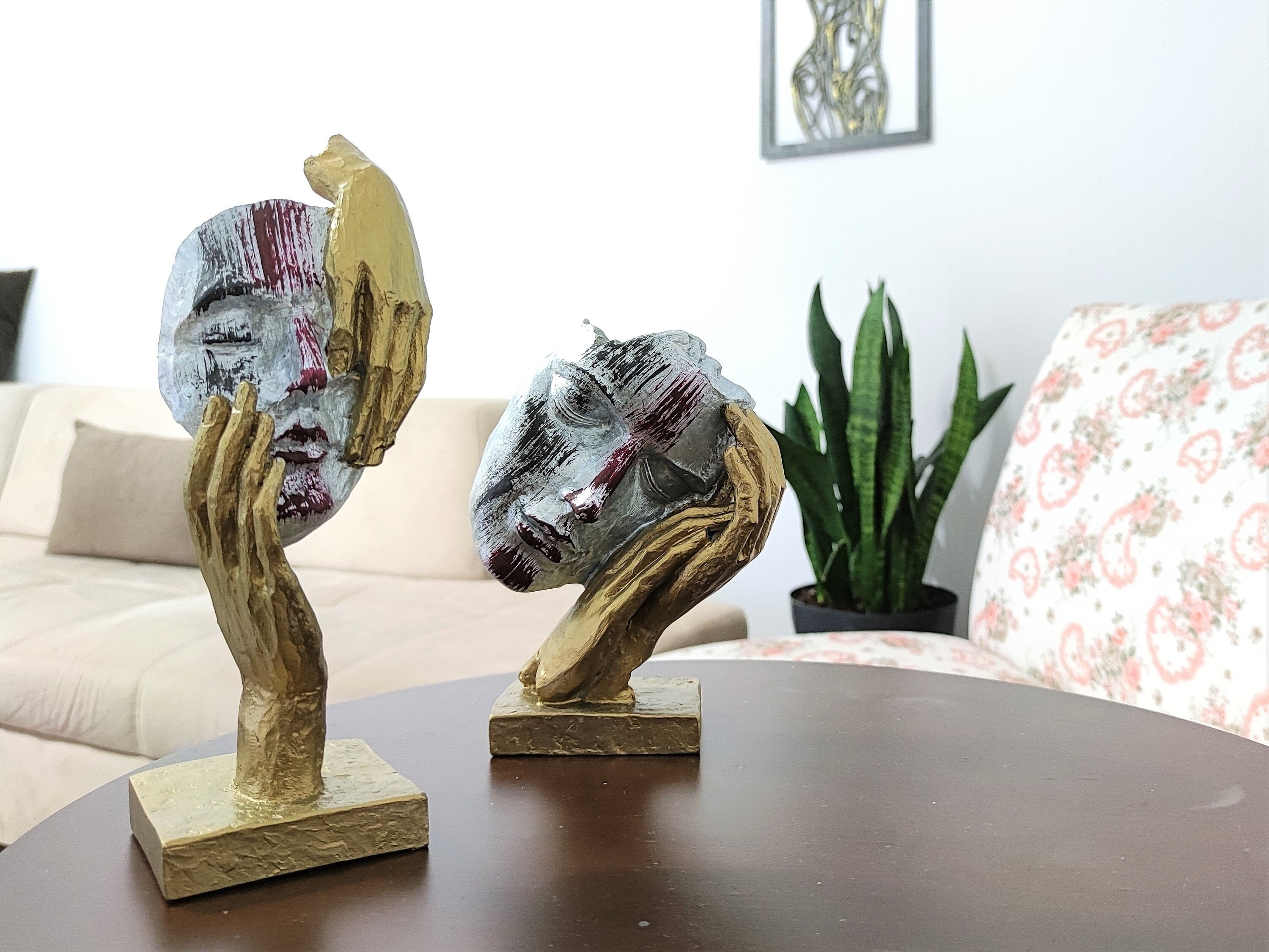 Gold Abstract Unique Set Sculpture,no Say No See No Hear Mask Sculpture