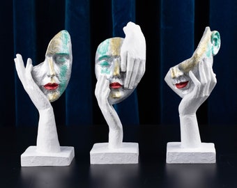 White Abstract Sculpture,Thinker Shy Silent Mask Sculpture,Home Decor,Hand Signs Woman Figure Face Statue,Shelf statue decor