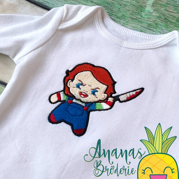 Chucky Embroidery Baby Bodysuit. Child's Play, Horror Baby Shower, Halloween, Spooky, Creepy, Movies, Goth Baby Gift, Made to Order