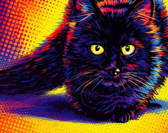 Impresión de gato negro pop art: arte mural felino vibrante / Ilustración retro de gato colorido / Descarga digital