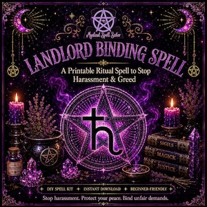 May include: A digital graphic titled Landlord Binding Spell, A Printable Ritual Spell to Stop Harassment & Greed. The design features purple candles, a cauldron, crystals, and books labeled Sigils, Magick, and Justice against a dark background.