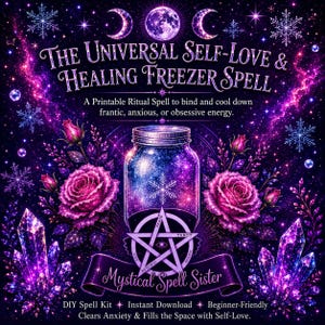 May include: A digital graphic featuring a glass jar filled with purple cosmic energy, a pentagram symbol, and pink roses. Text reads: The Universal Self-Love & Healing Freezer Spell, A Printable Ritual Spell, Mystical Spell Sister, DIY Spell Kit, Instant Download, Beginner-Friendly, Clears Anxiety & Fills the Space with Self-Love.