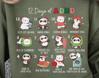 ADHD Shirt, Adhd Christmas shirt, Adhd Crewneck, 12 Days of Adhd, Neurodiversity, Neurospicy, Adhd Awareness, Neurodivergent