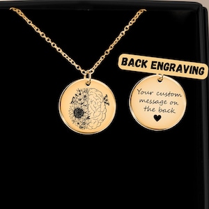 May include: Gold necklace with a round pendant featuring a sunflower and a brain design. The pendant has a blank back for engraving a custom message. The necklace comes in a black gift box with a label that says "Back Engraving".